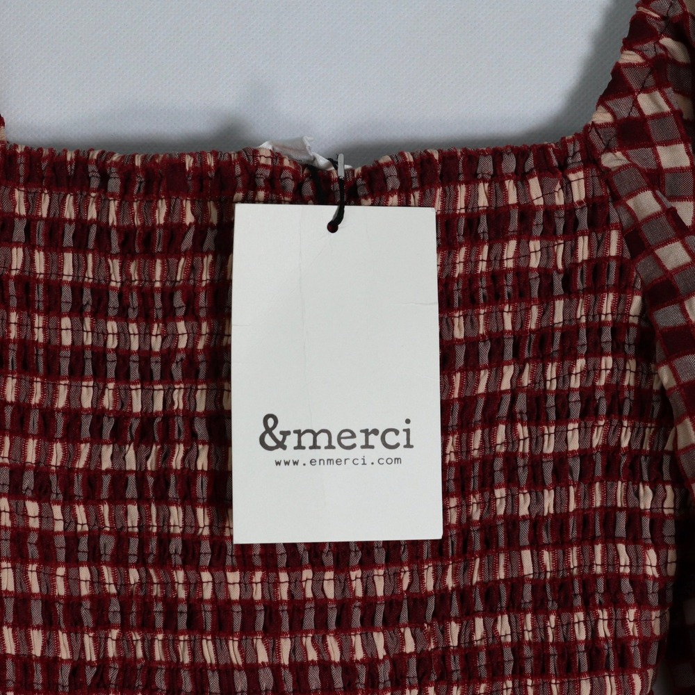 Gingham Smocked Cottagecore Top Womens M Red Textured Puff Sleeve &Merci NWT - Picture 10 of 11